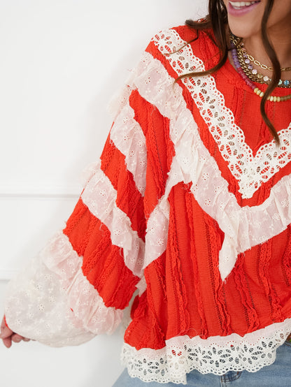 POL Long Sleeve Ruffle Top with Lace Trim
