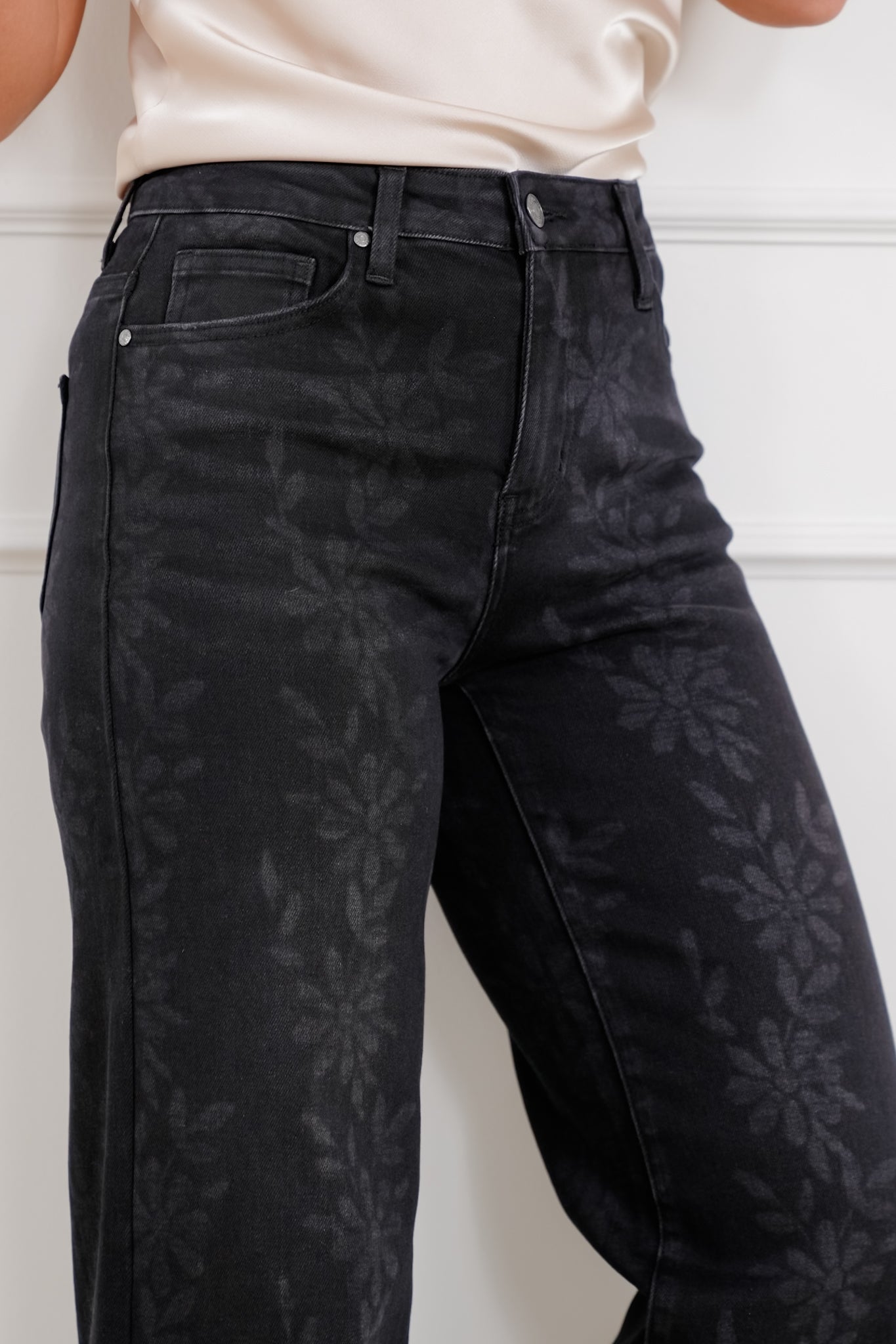 Daisy Print High Waist Wide Leg Jeans