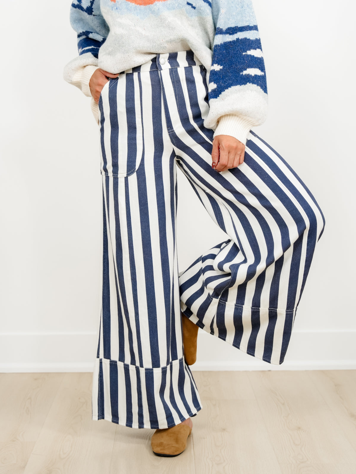 Plus/Reg Elastic Waist Striped Cuffed Wide Leg Pants