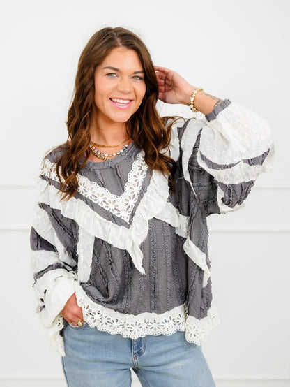 POL Long Sleeve Ruffle Top with Lace Trim