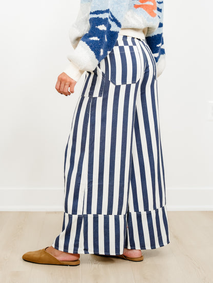 Plus/Reg Elastic Waist Striped Cuffed Wide Leg Pants