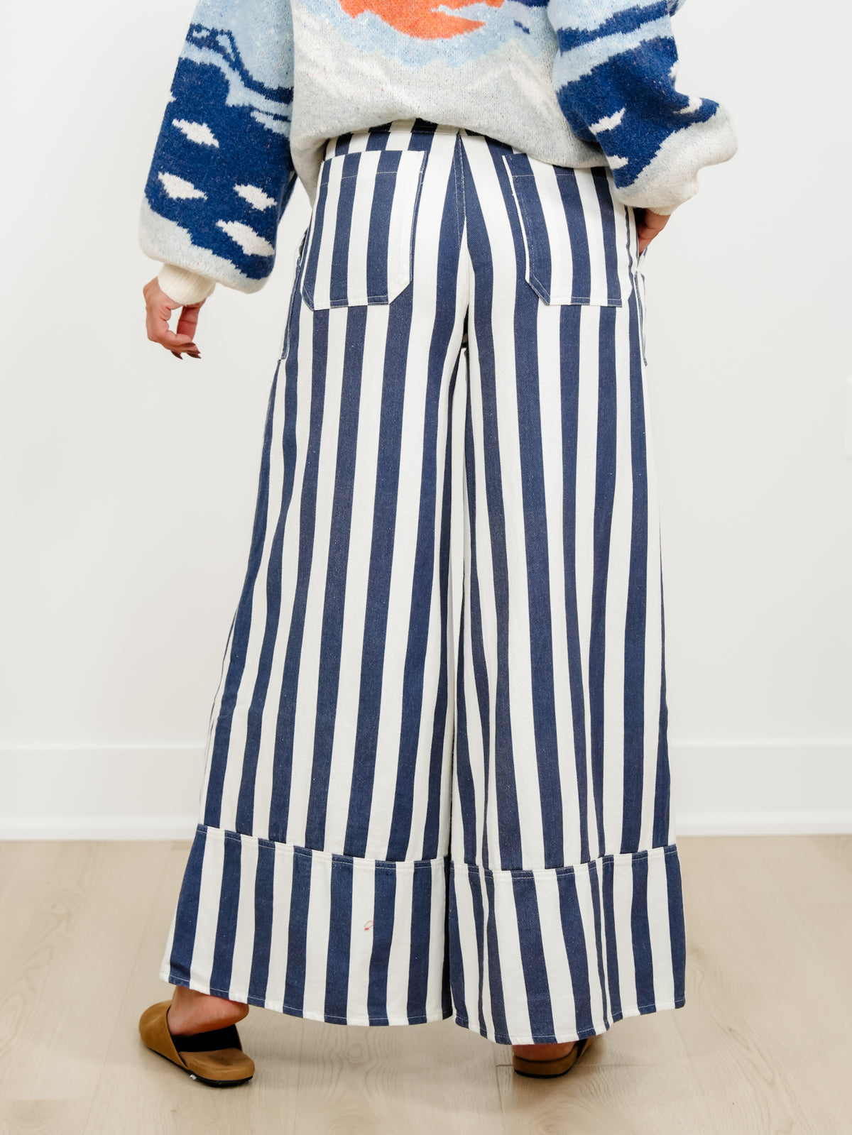 Plus/Reg Elastic Waist Striped Cuffed Wide Leg Pants
