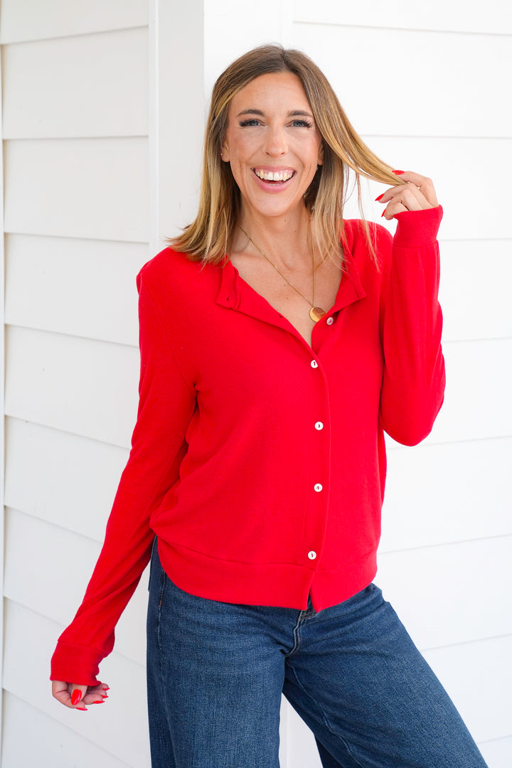Plus/Reg Red Long Sleeve Button Up Cardigan Sweater