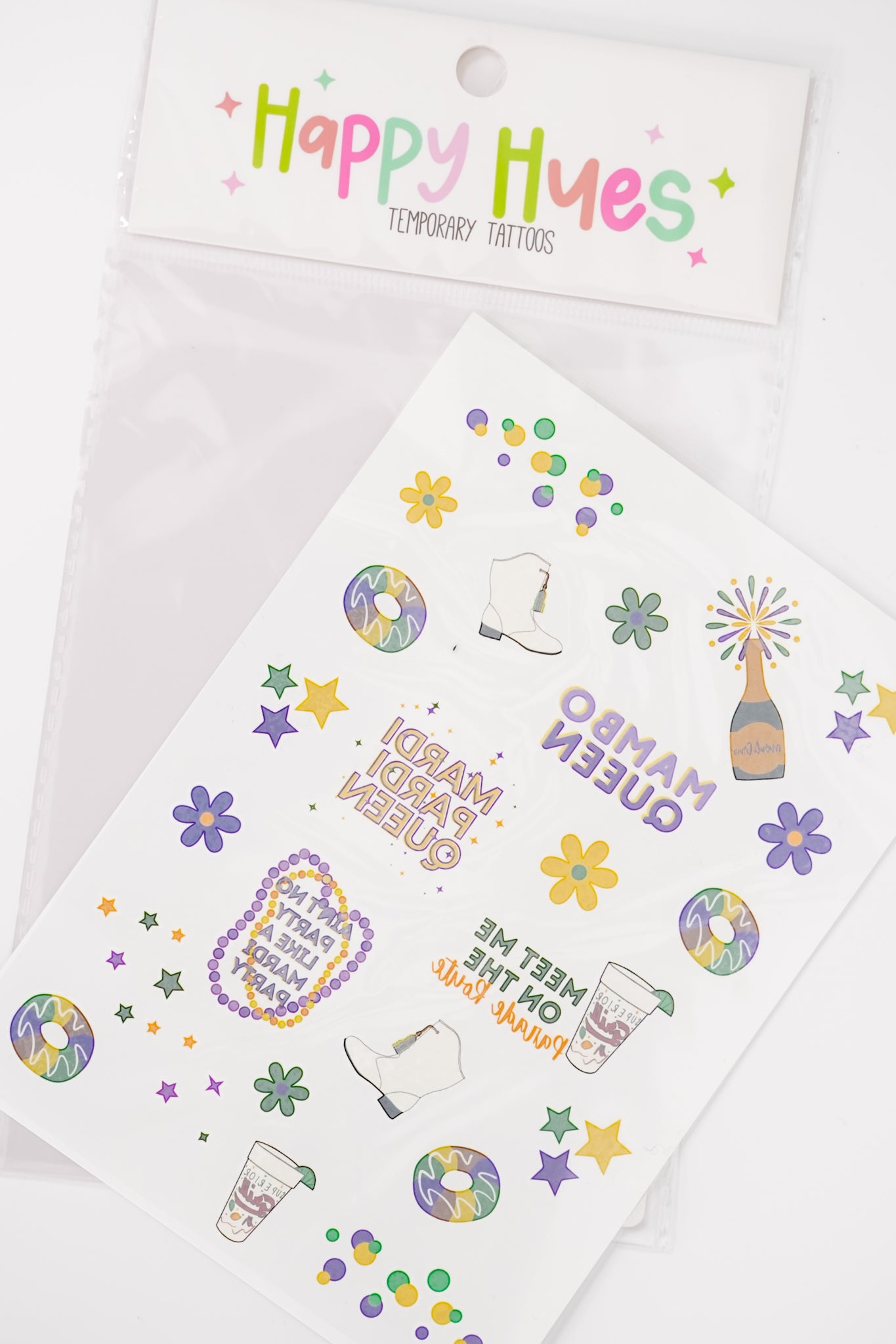 Happy Hues Tattoos Mardi Gras Queen Temporary Tattoo Sheet