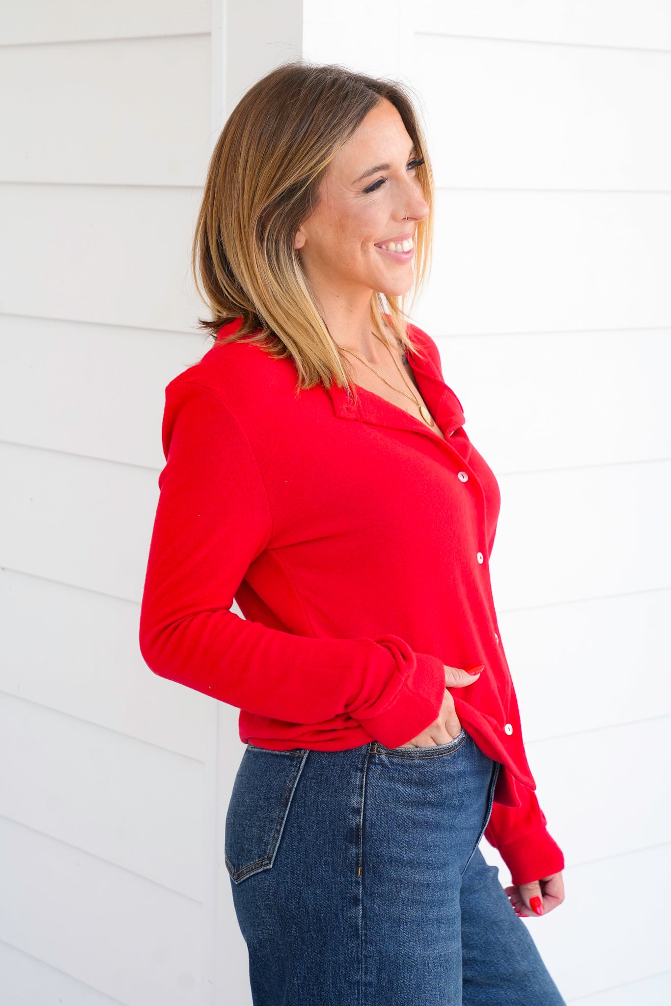 Plus/Reg Red Long Sleeve Button Up Cardigan Sweater