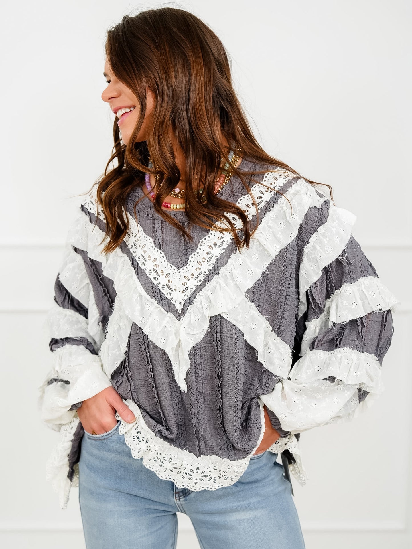 POL Long Sleeve Ruffle Top with Lace Trim