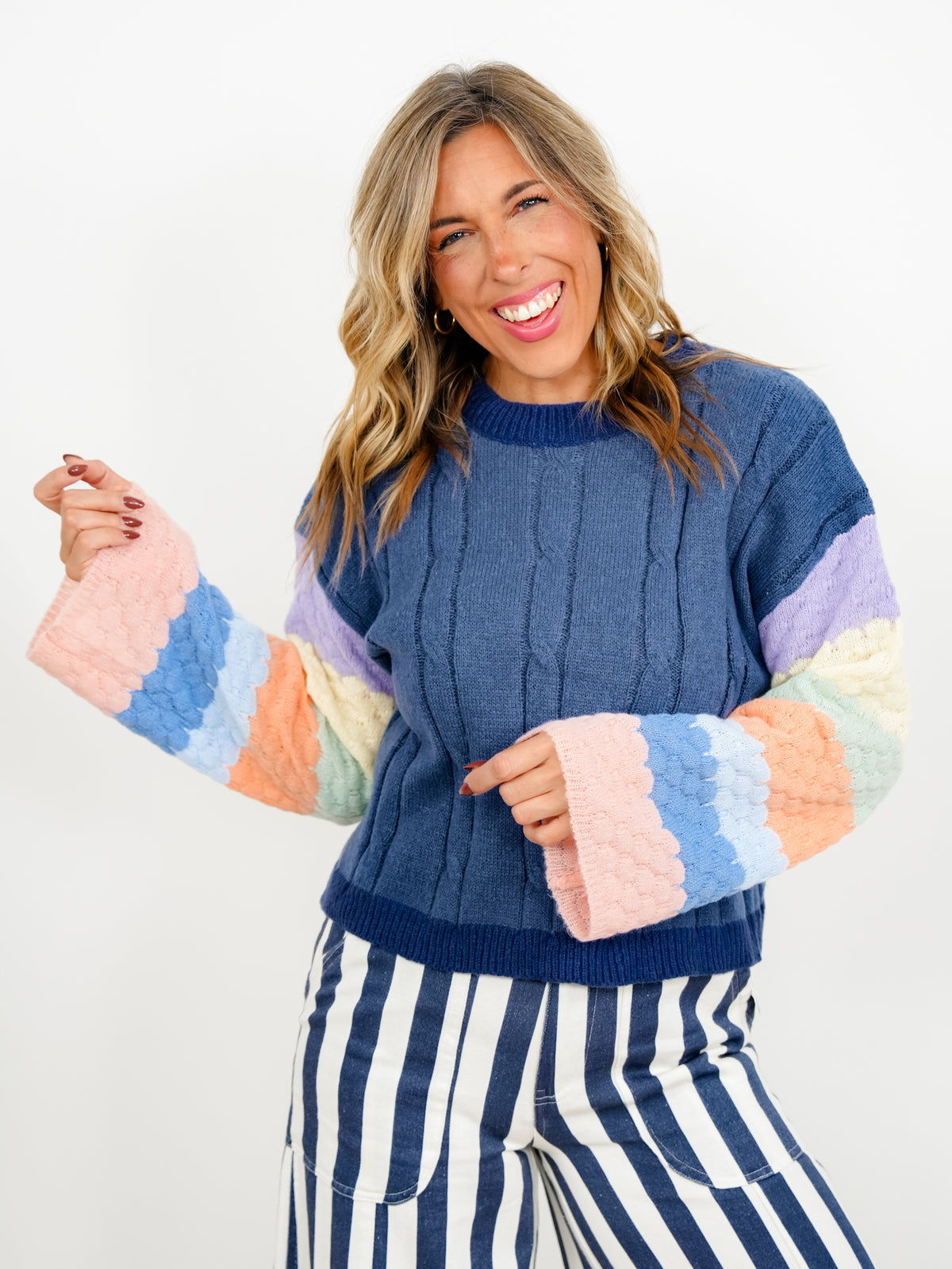 Plus/Reg Cable Knit Pullover Sweater with Rainbow Sleeves