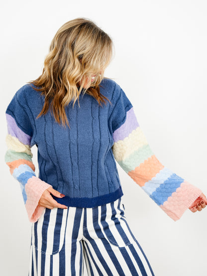 Plus/Reg Cable Knit Pullover Sweater with Rainbow Sleeves