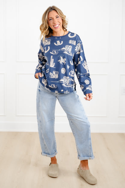 Western Print Long Sleeve Round Neck Top