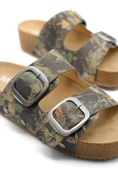 MIA Camo Print Double Buckle Cork Footbed Sandal