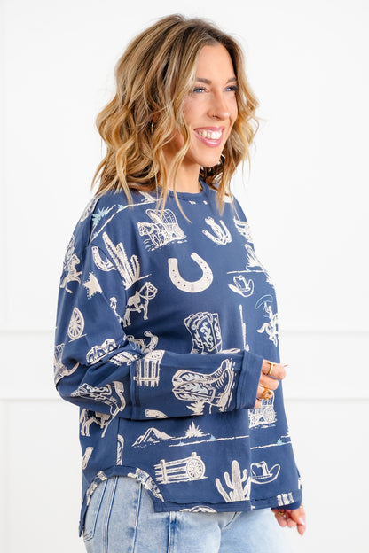 Western Print Long Sleeve Round Neck Top