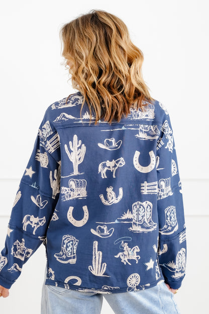 Western Print Long Sleeve Round Neck Top