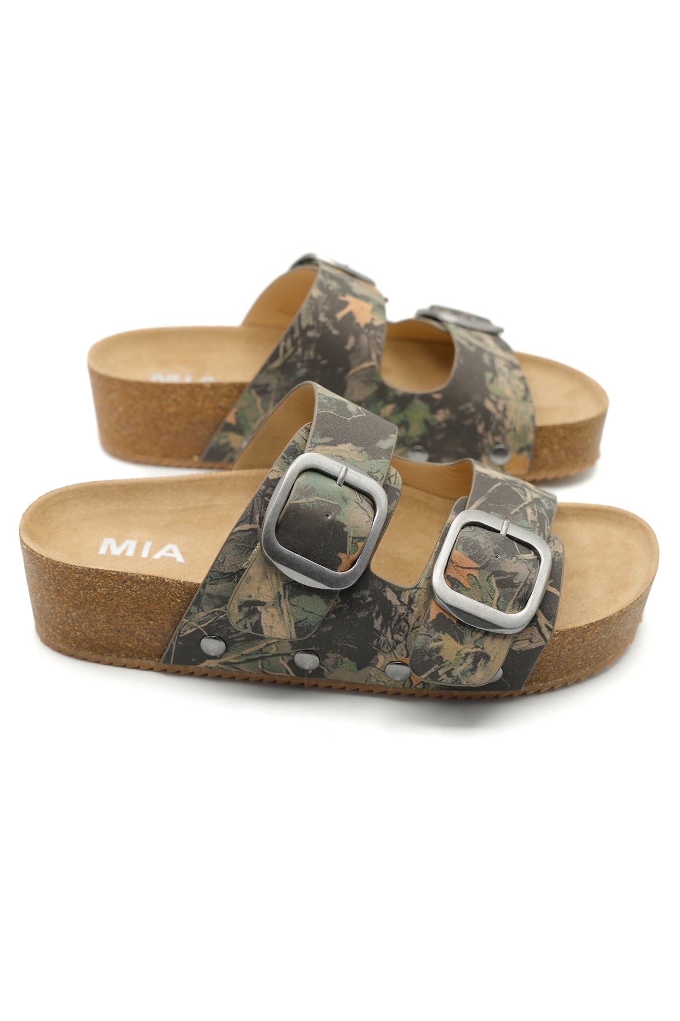 MIA Camo Print Double Buckle Cork Footbed Sandal