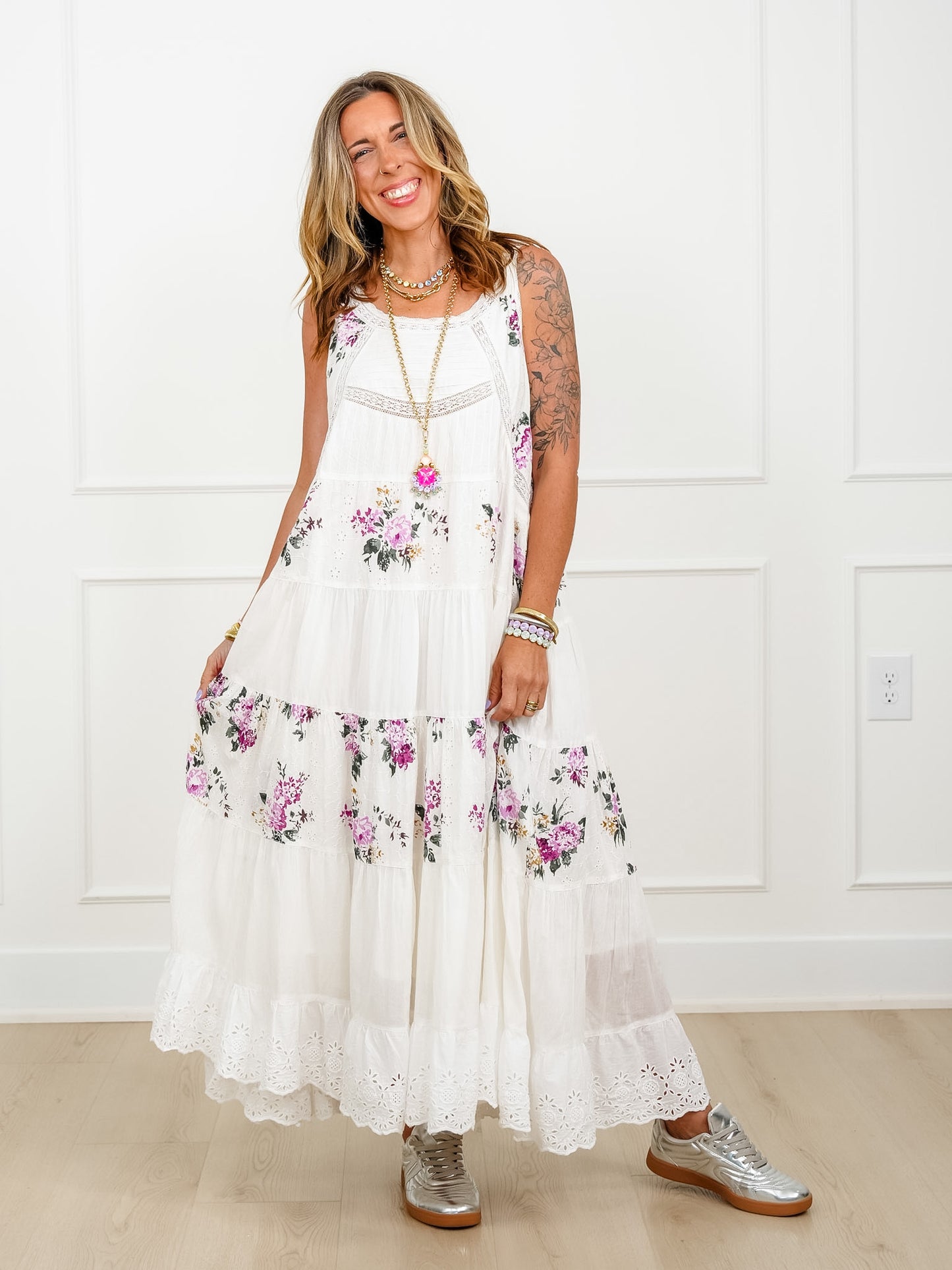 POL Floral Eyelet Sleeveless Round Neck Long Dress