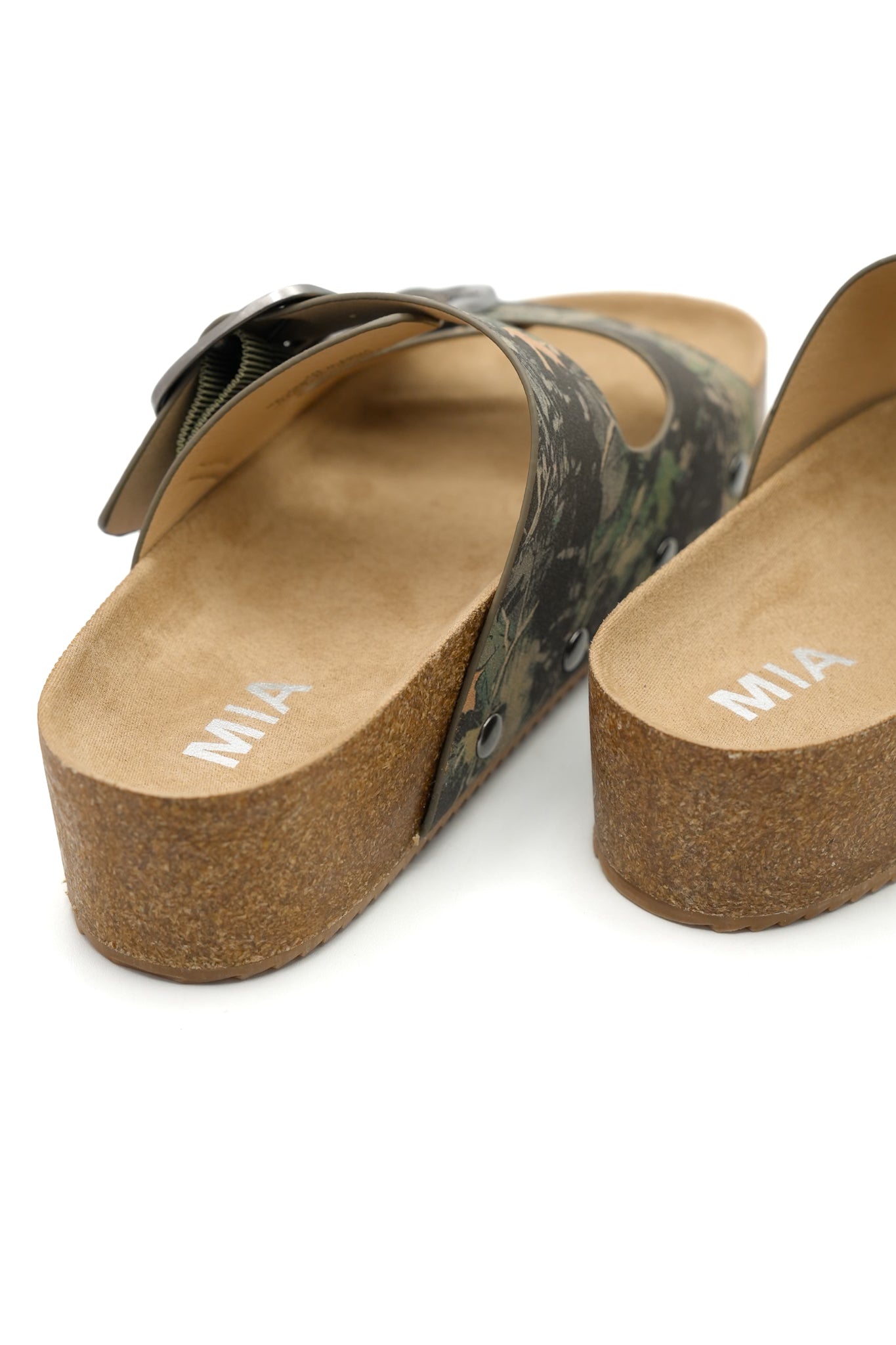 MIA Camo Print Double Buckle Cork Footbed Sandal