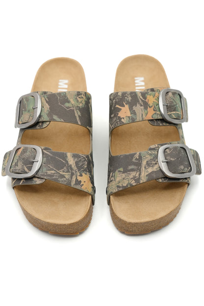 MIA Camo Print Double Buckle Cork Footbed Sandal