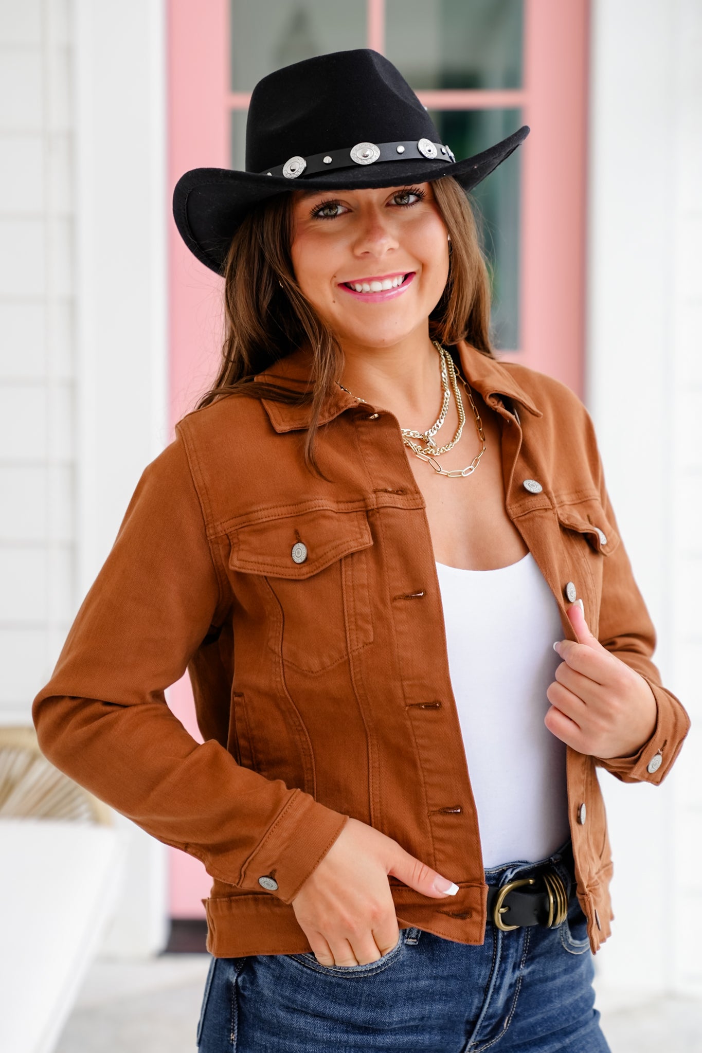 Plus/Reg Judy Blue Camel Denim Long Sleeve Button Down Jacket