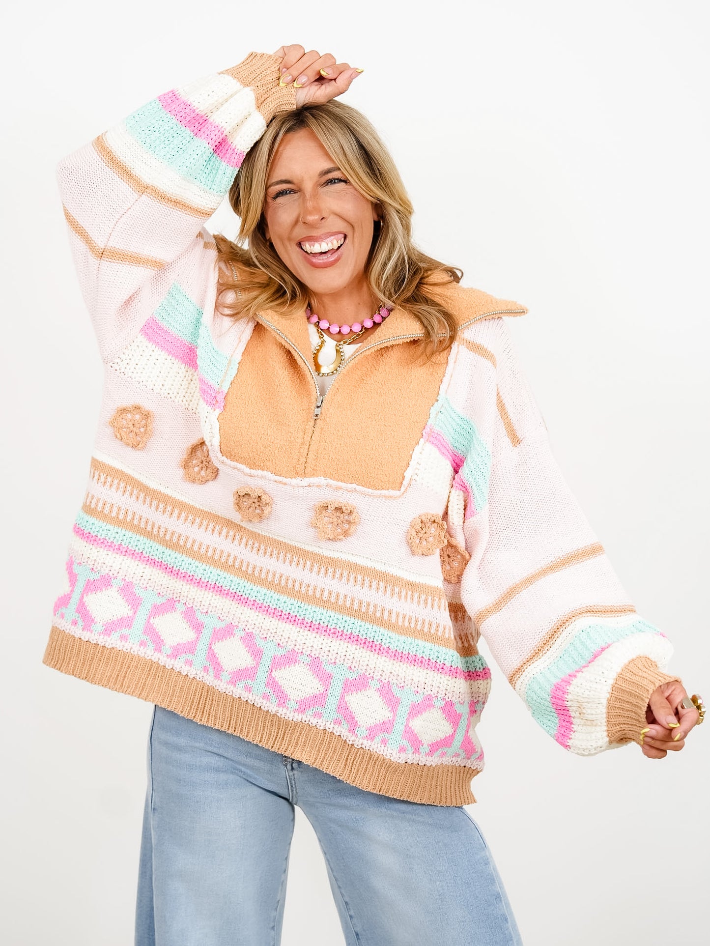 POL Stripe Pattern Long Sleeve Half Zip Sweater