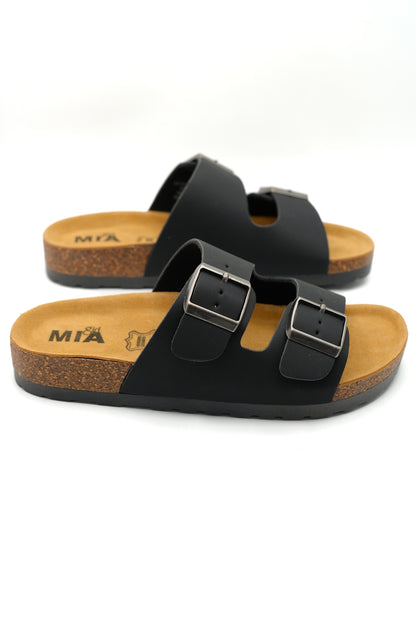 MIA Double Buckle Vegan Leather Sandal with Cork Footbed