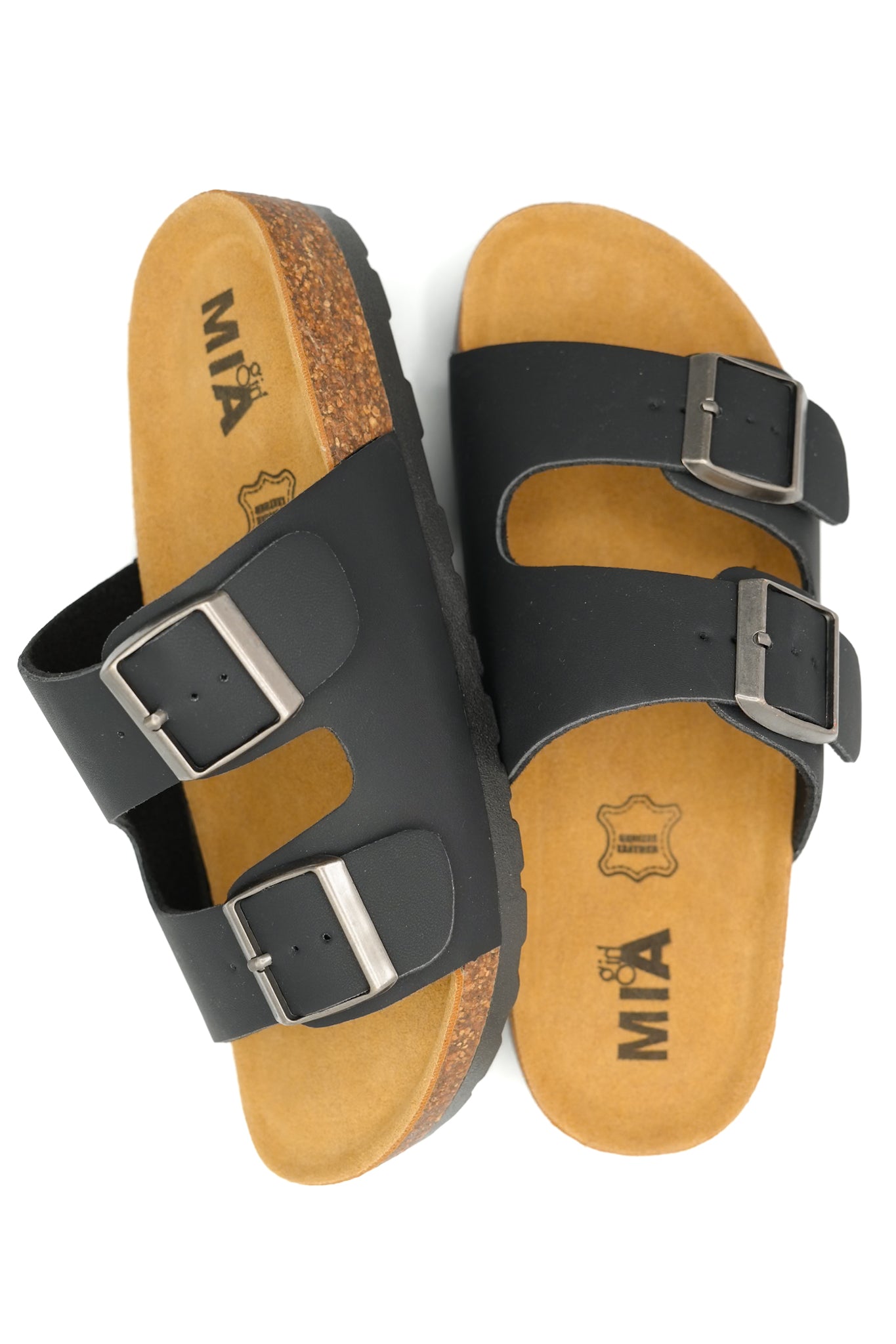MIA Double Buckle Vegan Leather Sandal with Cork Footbed