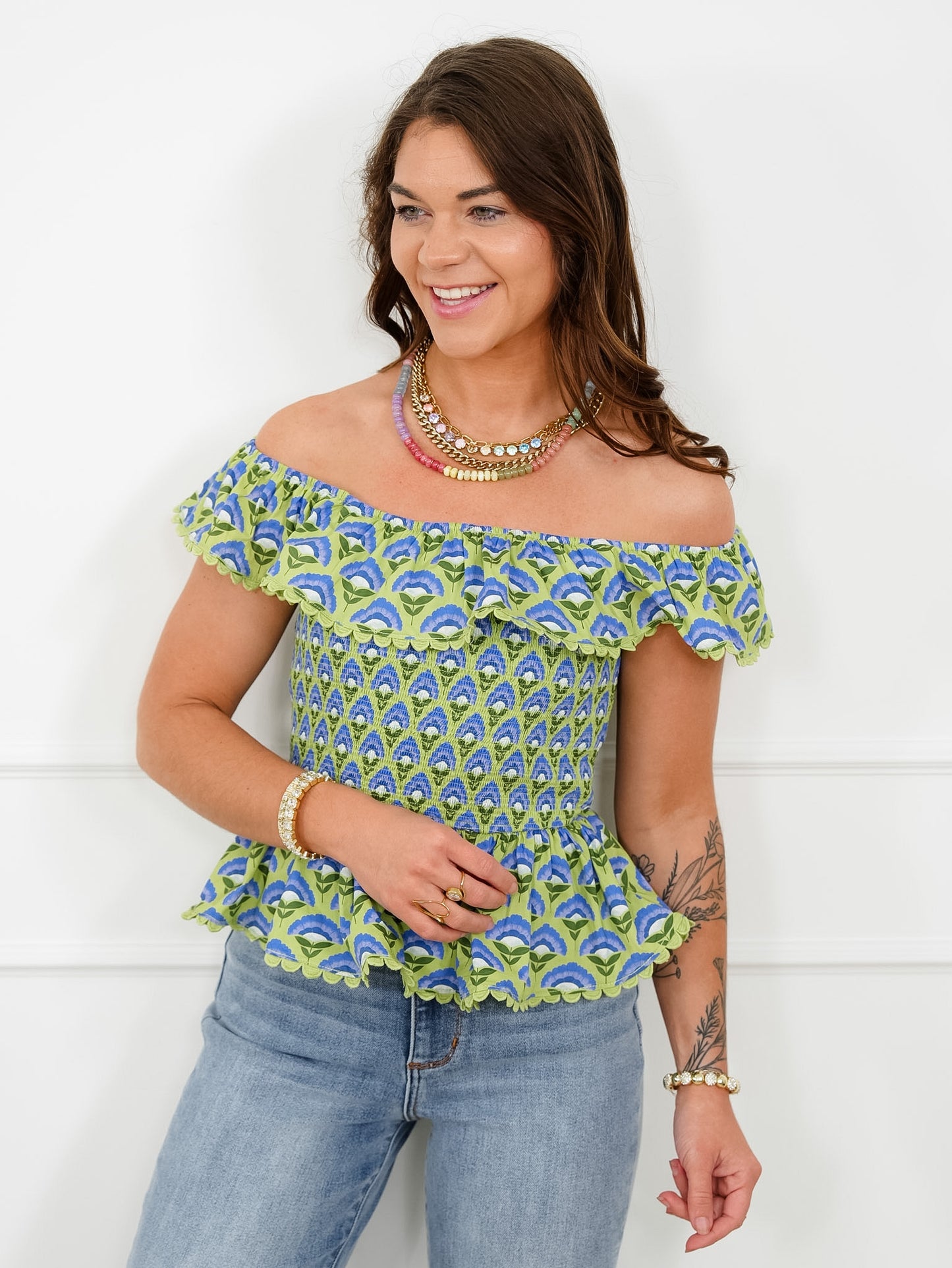 Floral Sleeveless Smocked Top With Ruffle Detail