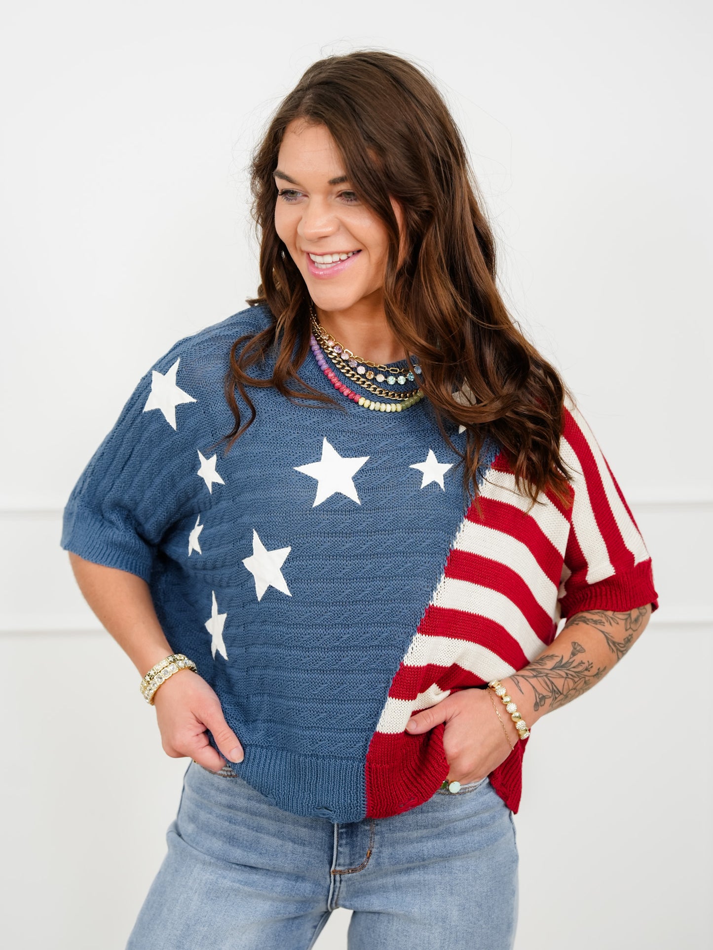 Knit Short Sleeve American Flag Top