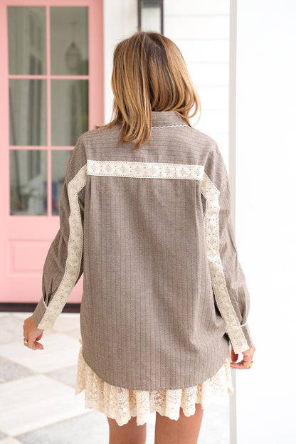 Long Sleeve Button Down Top with Lace Trim