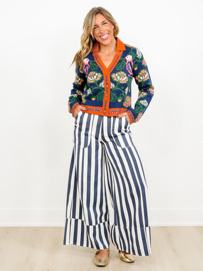Parrot Print & Contrast Border Long Sleeve Cardigan