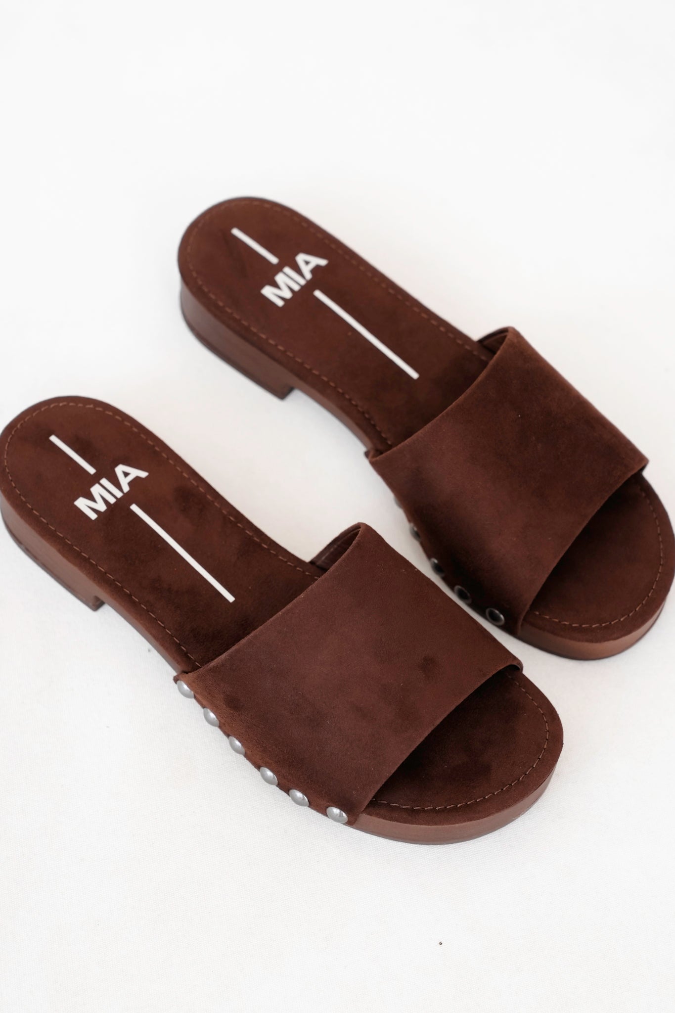 MIA Vegan Suede Studded Slide Block Heel Sandal