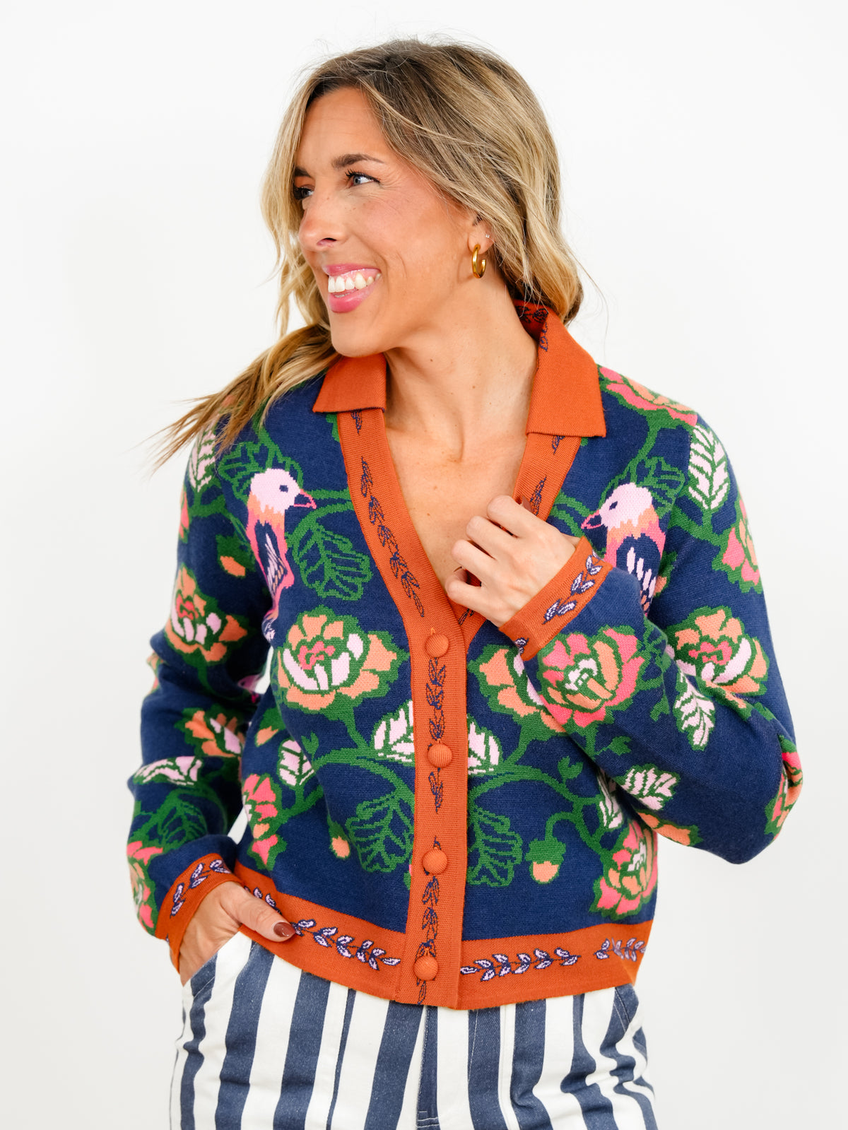 Parrot Print & Contrast Border Long Sleeve Cardigan