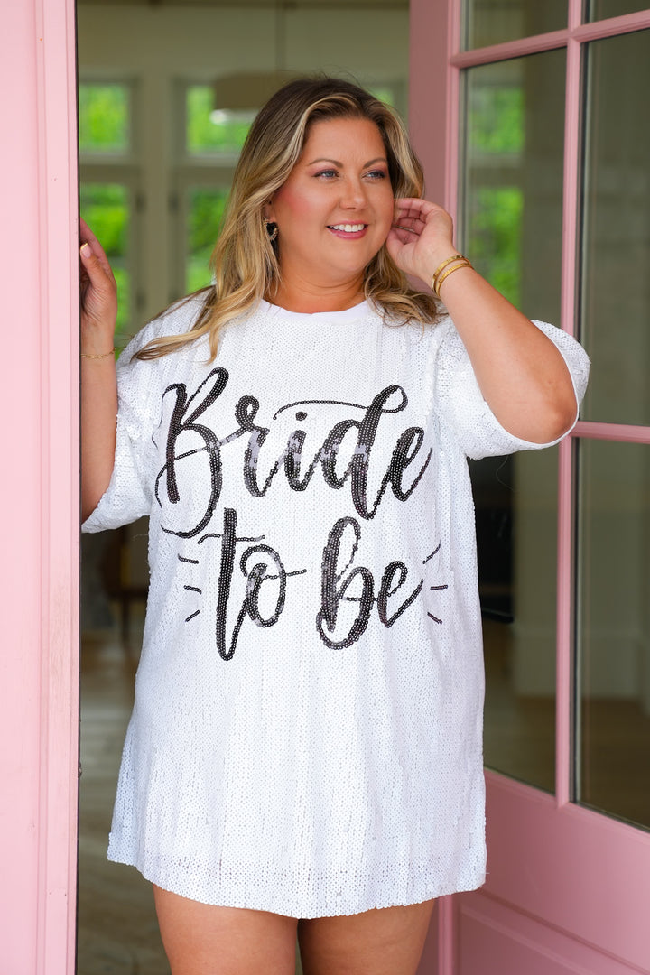 PLUS White Sequins Bride to Be Short Sleeve Dress