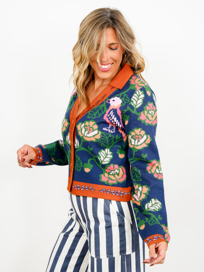 Parrot Print & Contrast Border Long Sleeve Cardigan