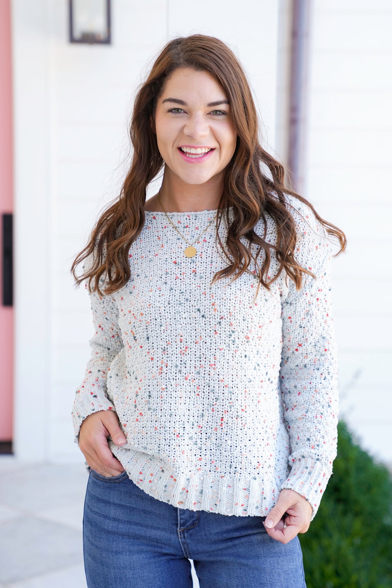 Popcorn Long Sleeve Boat Neck Pullover Sweater