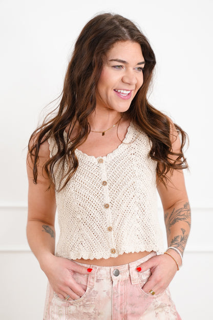 Crochet Sleeveless Tank Top with Button Accent