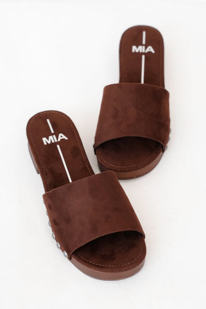 MIA Vegan Suede Studded Slide Block Heel Sandal