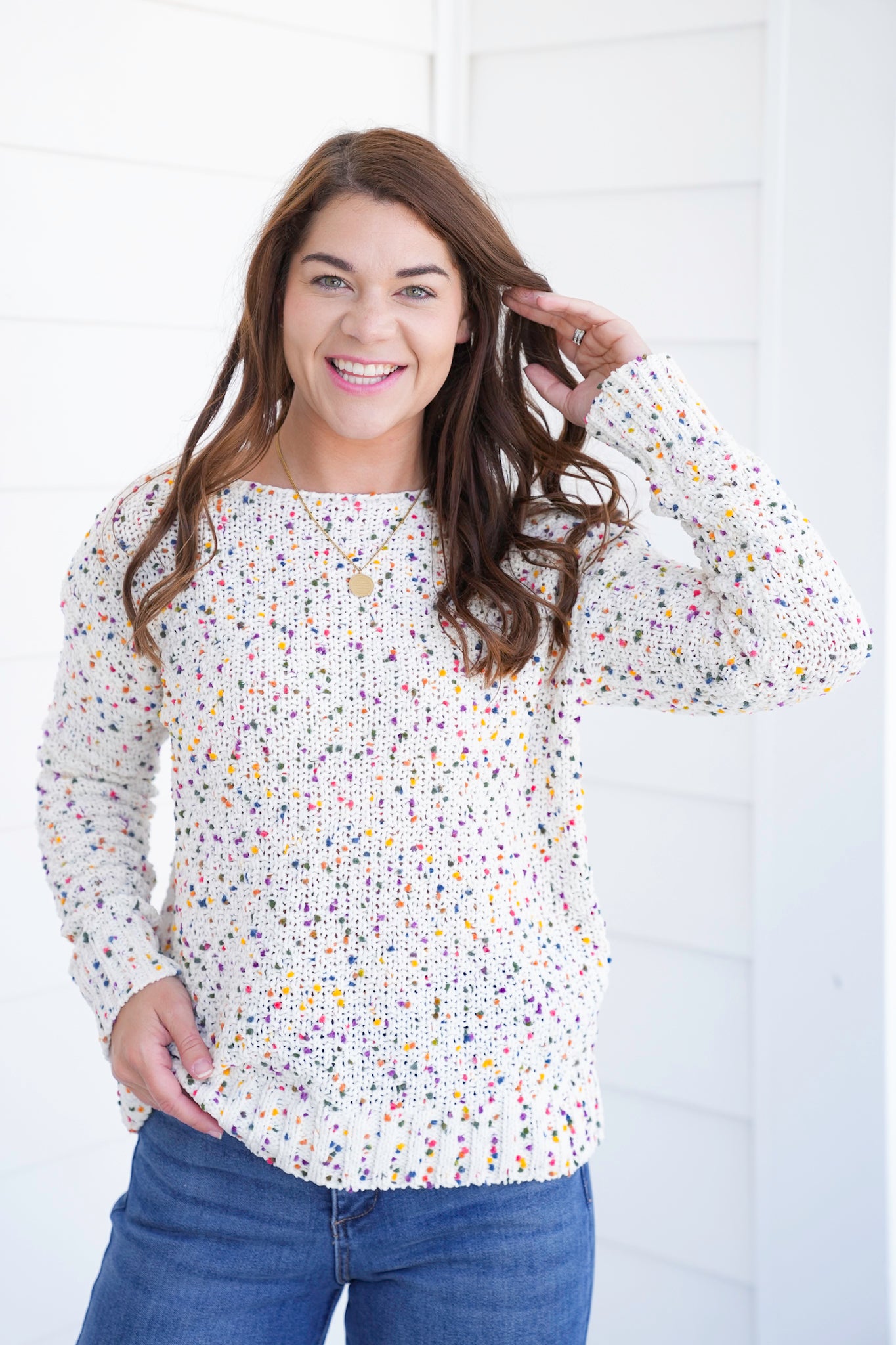Popcorn Long Sleeve Boat Neck Pullover Sweater