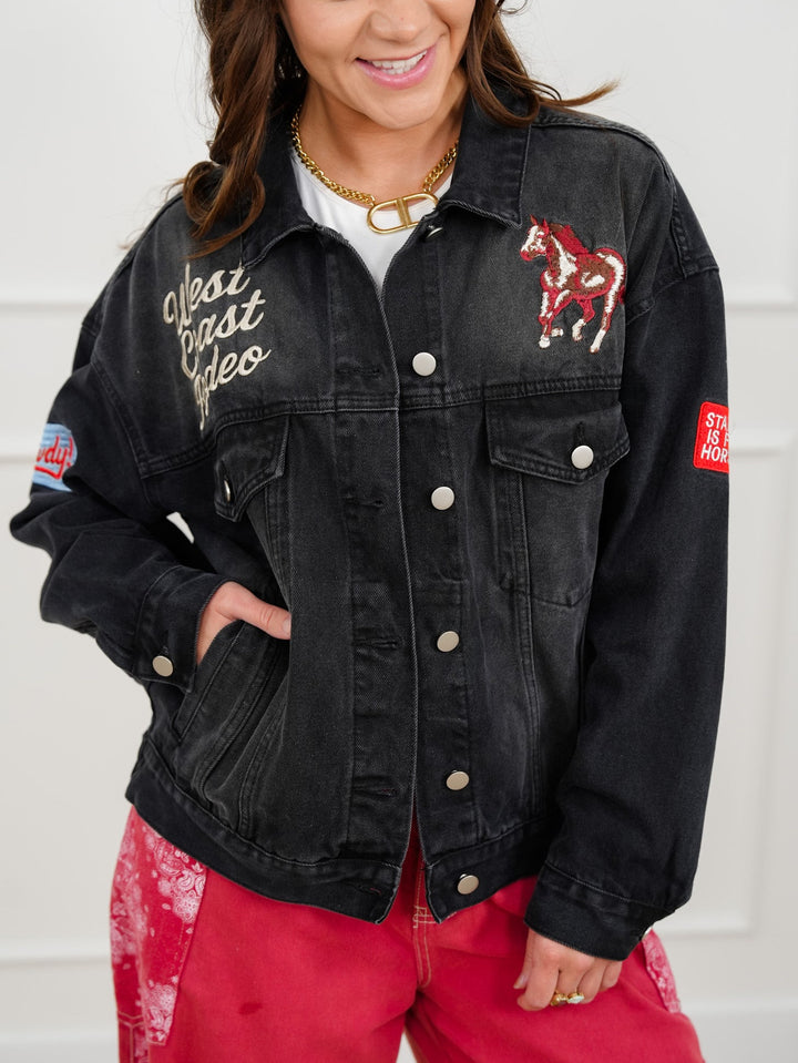 Plus/Reg Black Long Sleeve Button Down Jacket with Western Detail
