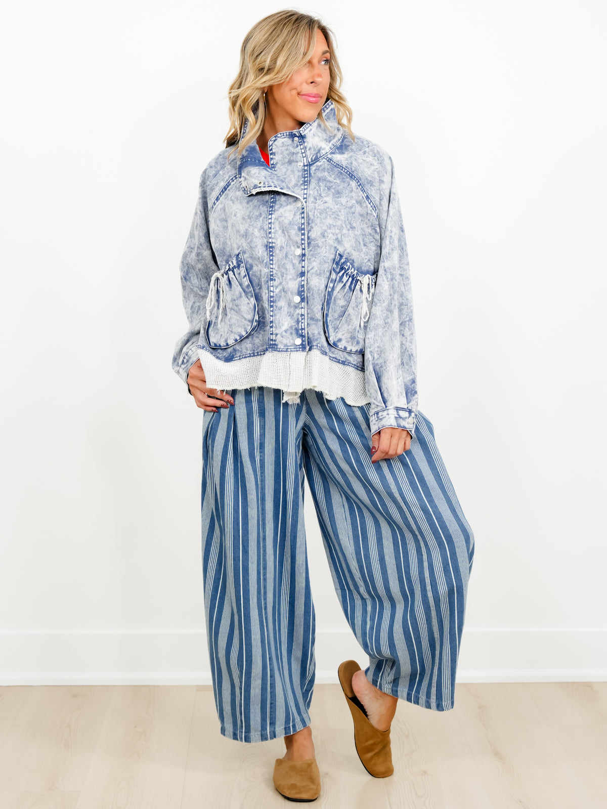 POL Long Sleeve Snap Button Down Jacket with Mesh Ruffle Hem