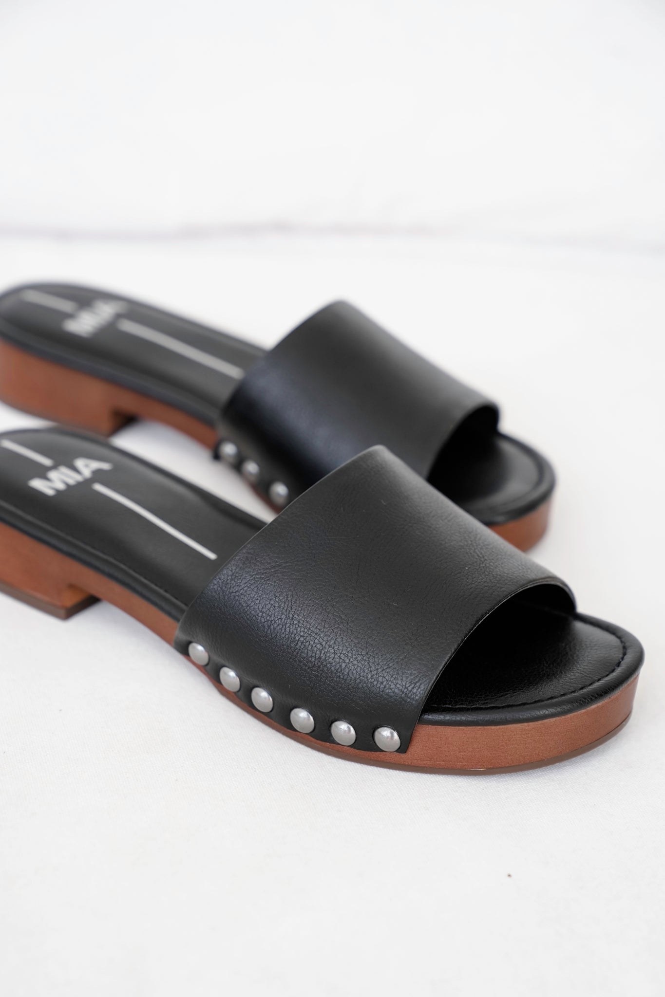 MIA Vegan Leather Studded Slide Block Heel Sandal