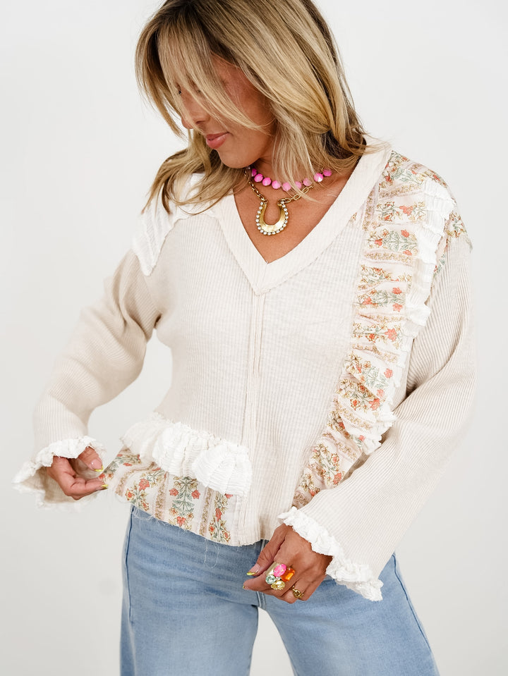 POL Ribbed Knit Long Sleeve Ruffle Top with Floral Detail - Freckled Poppy