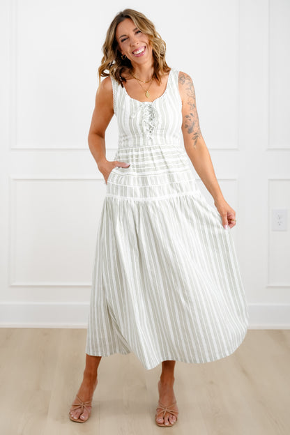 Sleeveless Striped Maxi Dress with Lace Trim