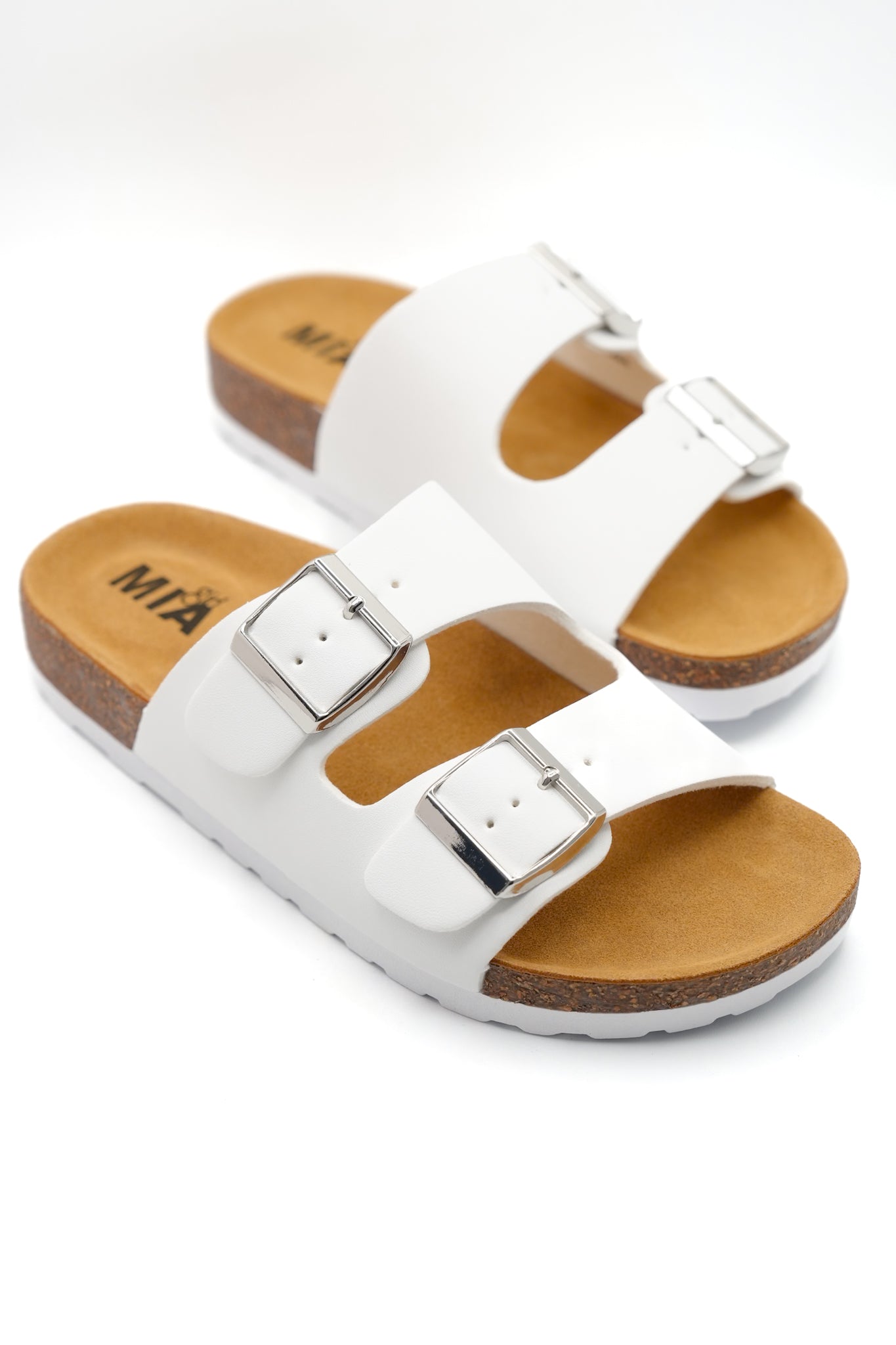 MIA Double Buckle Vegan Leather Sandal with Cork Footbed