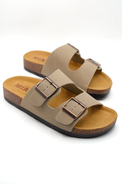 MIA Double Buckle Vegan Leather Sandal with Cork Footbed
