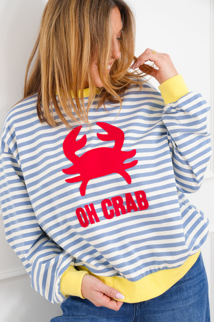 Striped Long Sleeve Round Neck "Oh Crab" Top