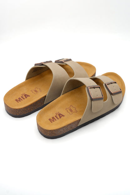 MIA Double Buckle Vegan Leather Sandal with Cork Footbed