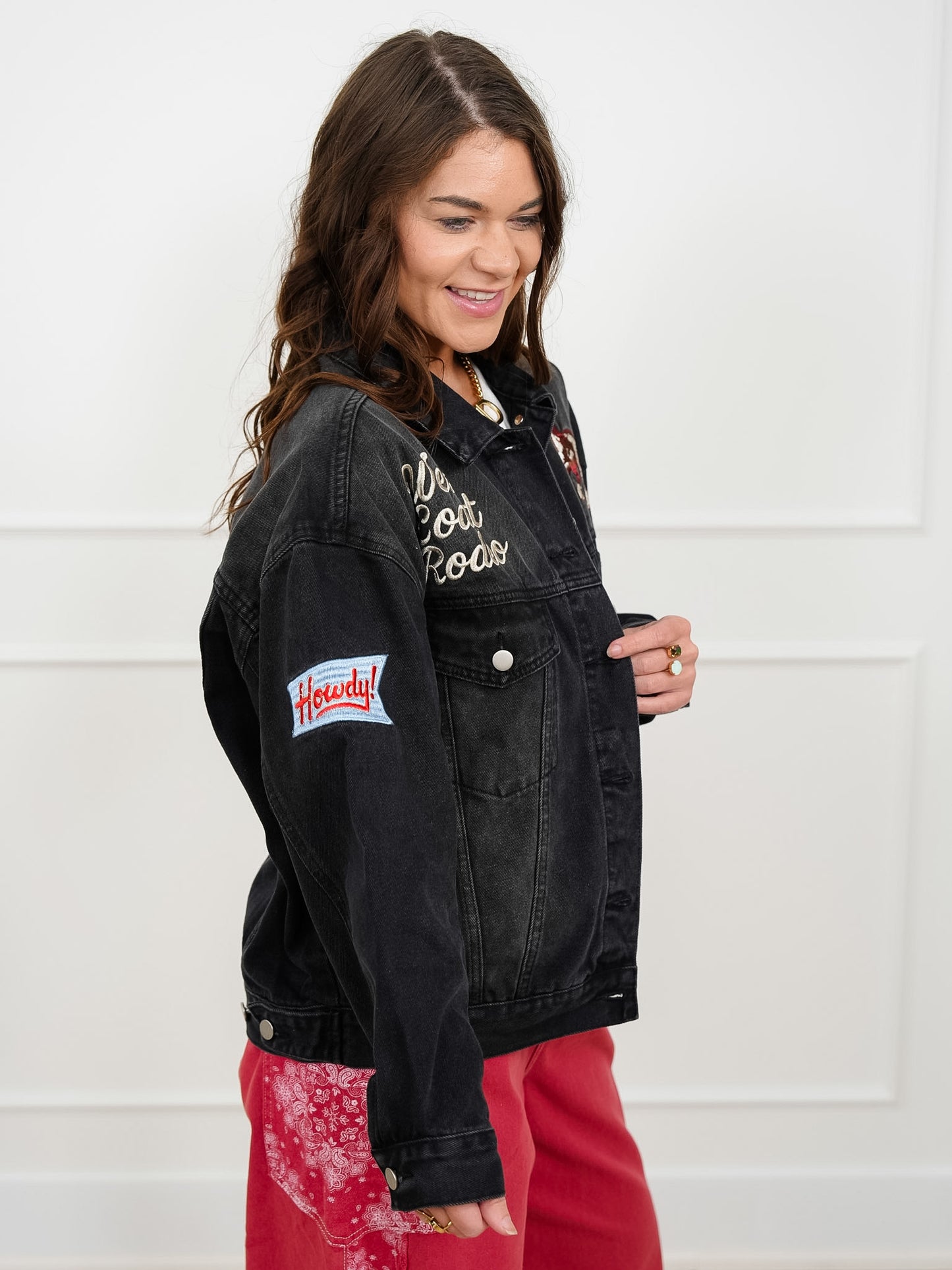 Plus/Reg Black Long Sleeve Button Down Jacket with Western Detail