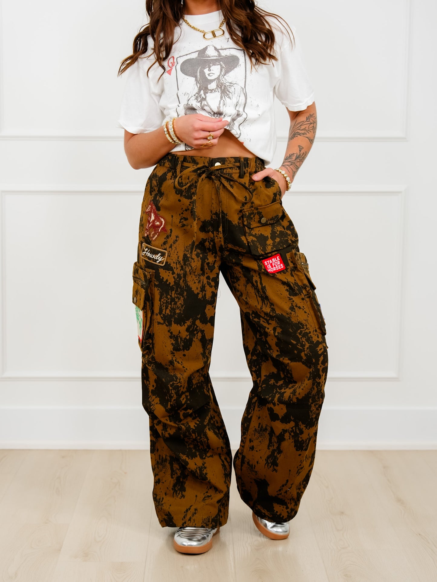 Plus/Reg Cow Print Elastic Waist Pants with Western Patches