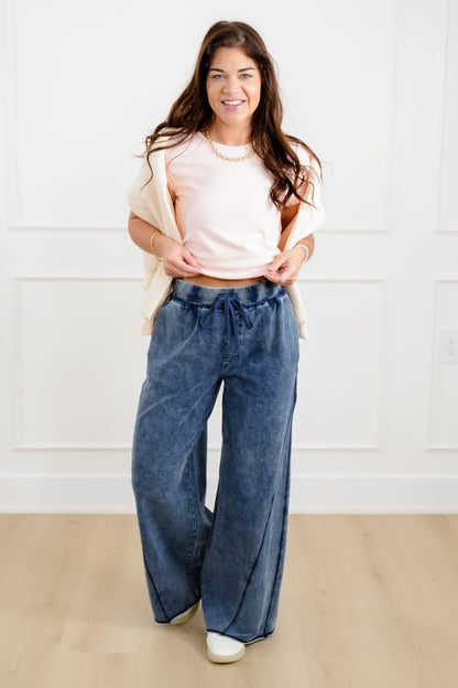 Plus/Reg Mineral Wash Elastic Waist Wide Leg Pants