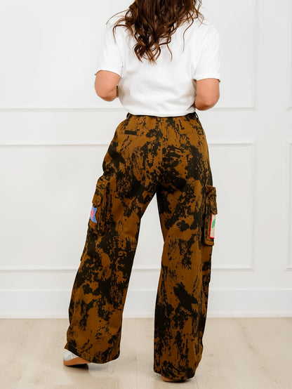 Plus/Reg Cow Print Elastic Waist Pants with Western Patches