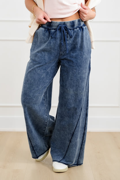 Plus/Reg Mineral Wash Elastic Waist Wide Leg Pants